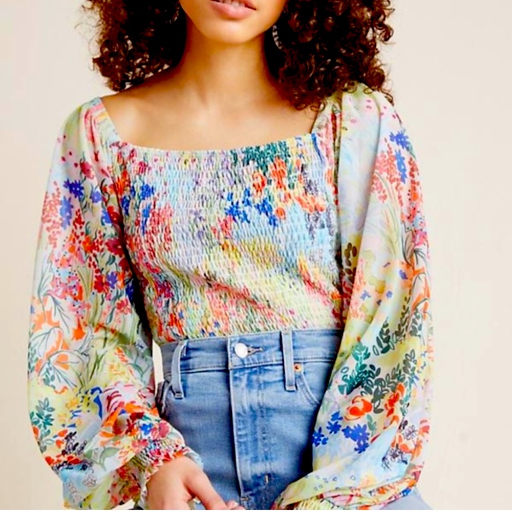 Anthropologie Floral Puff Sleeve Rouen Smock Top